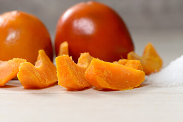 Chontaduro (Bactris gasipaes)Slices of the tropical exotic fruit of the palm Bactris gasipaes.Chontaduro with salt