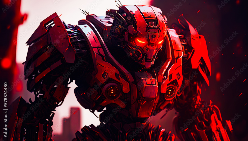 Poster robot with red eyes standing in front of city. generative ai.
