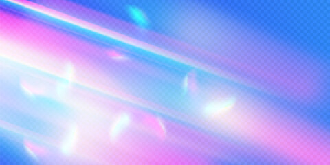 Rainbow light prism effect, transparent blue background. Hologram reflection, crystal flare leak shadow overlay. Vector illustration of abstract blurred iridescent light backdrop.