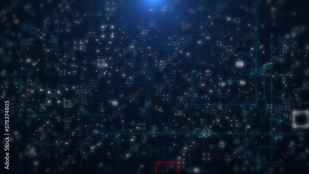Poster Futuristic technology big data network statistics simulation background. Digital line square structure storage transfer seamless loop 4K motion background.