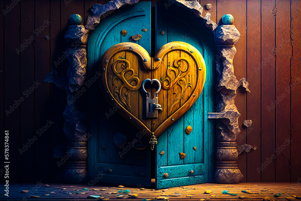 Poster heart shaped door with key in it. generative ai.