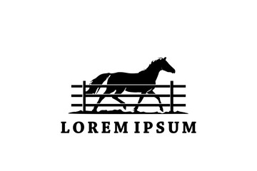 Horse silhouette behind wooden fence paddock for countryside western country farm ranch logo design