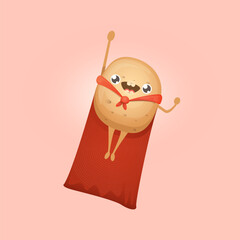Cartoon potato clip art. vector cartoon cute flying super hero potato with red hero cape isolated on white background. Superhero vegetable potato kawaii food funky character fly in sky
