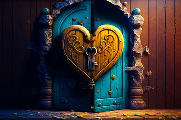 Heart shaped door with key in it. Generative AI.