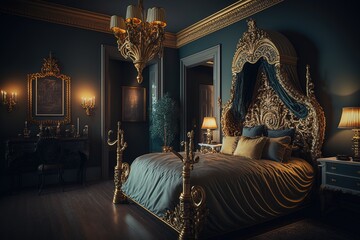 Luxury dark blue and gold bedroom in modern style. Generative AI