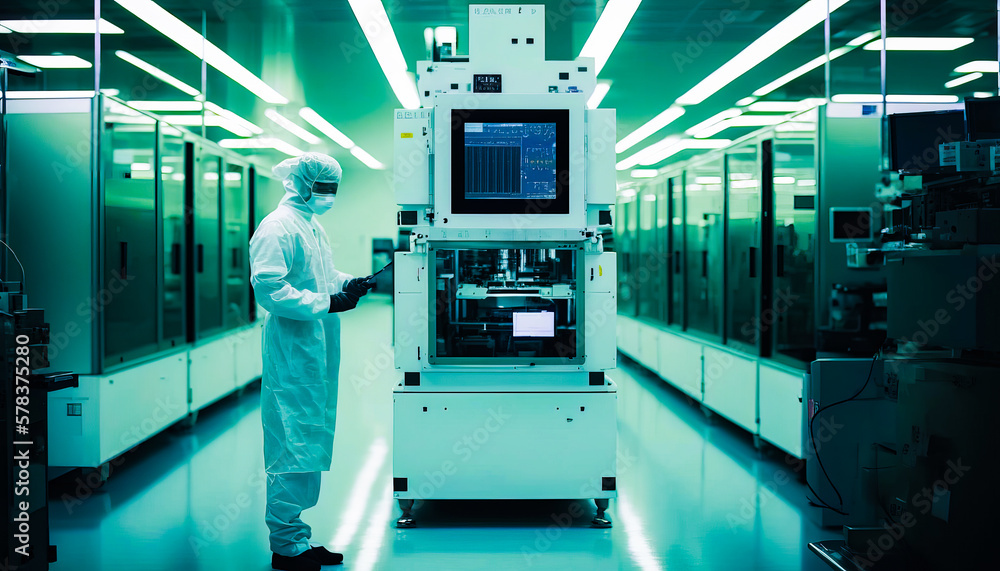 Aufkleber man in white suit is standing in front of machine. generative ai.