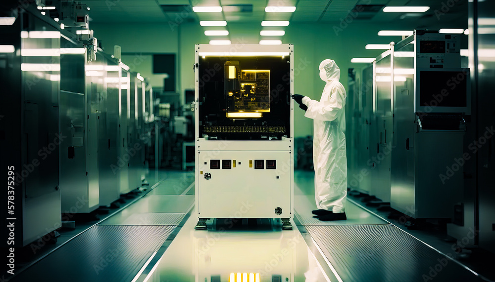 Poster man in white suit standing next to machine. generative ai.