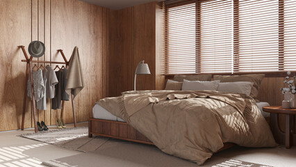 Wooden cozy bedroom in beige tones. Master bed with pillows and duvet, window with venetian blinds, carpets and decors. Minimal interior design