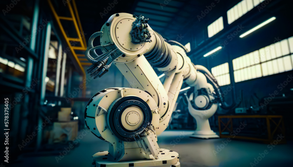 Poster robot is standing in large warehouse. generative ai.