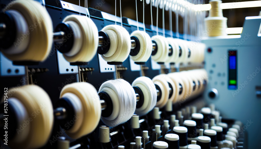 Aufkleber row of reels and spools of thread on machine. generative ai.