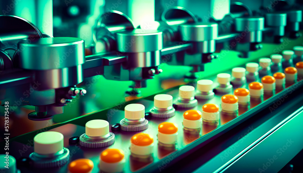 Poster machine that is making pills on conveyor belt. generative ai.