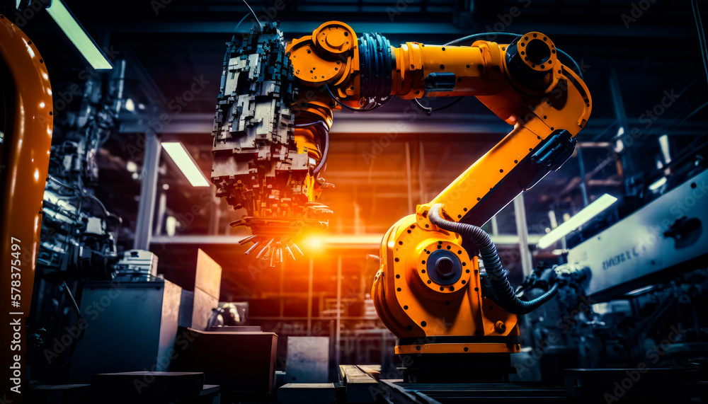 Poster robotic arm working on machine in factory. generative ai.