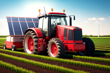 Fototapeta premium powerful agricultural scene at midday, with a modern red tractor driving, ai