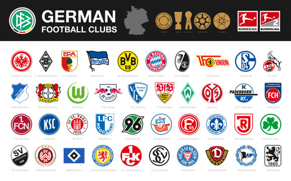 Layered vector set of 40 German football club's logos including Bundesliga and Bundesliga 2