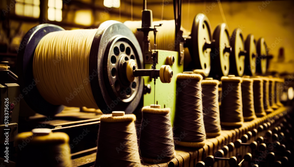 Poster row of spools of thread on machine. generative ai.