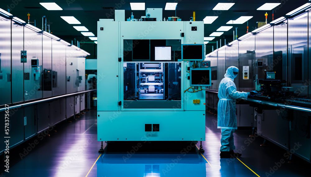 Poster man in white suit is working on machine. generative ai.