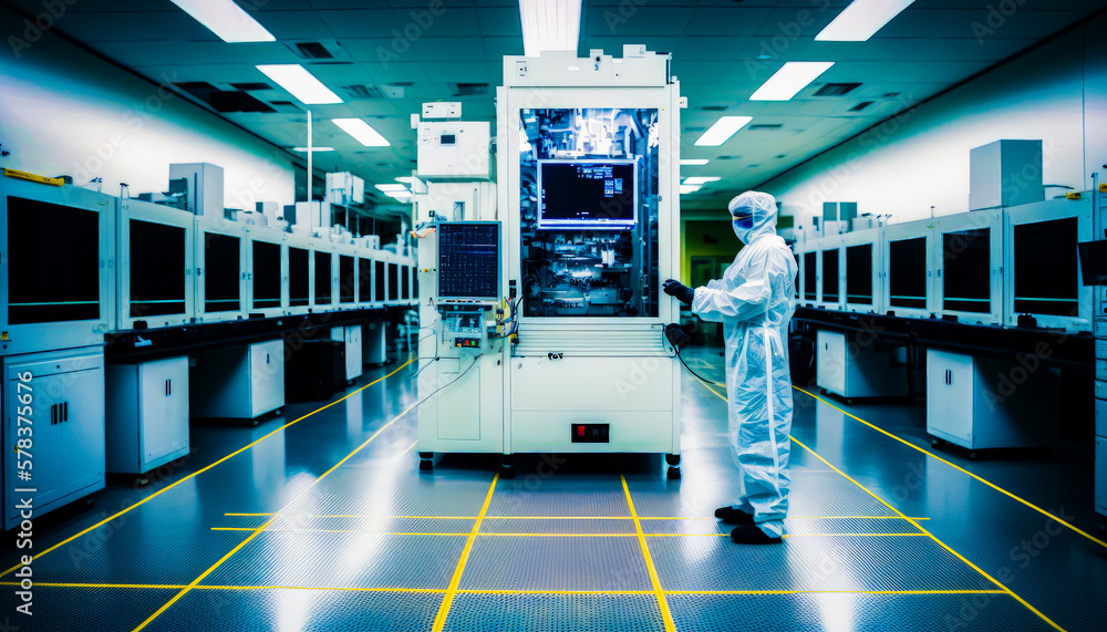 Poster man in white suit standing in lab. generative ai.