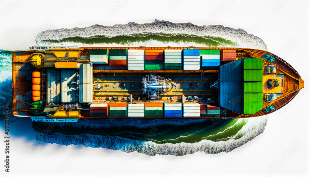 Poster an aerial view of cargo ship in the ocean. generative ai.