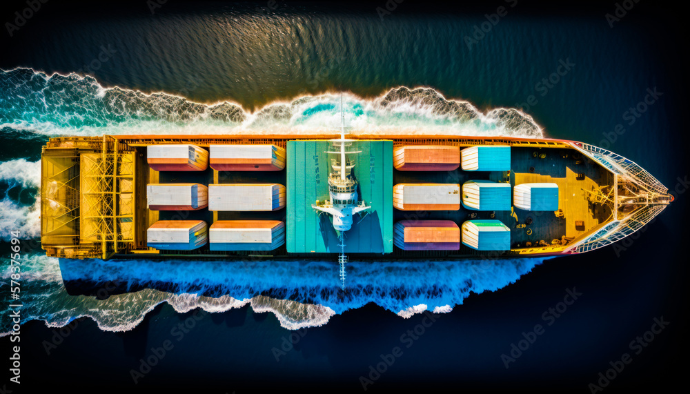 Poster an aerial view of cargo ship in the ocean. generative ai.