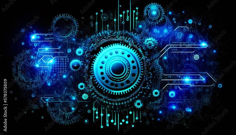 Poster blue and black background with circular design. generative ai.