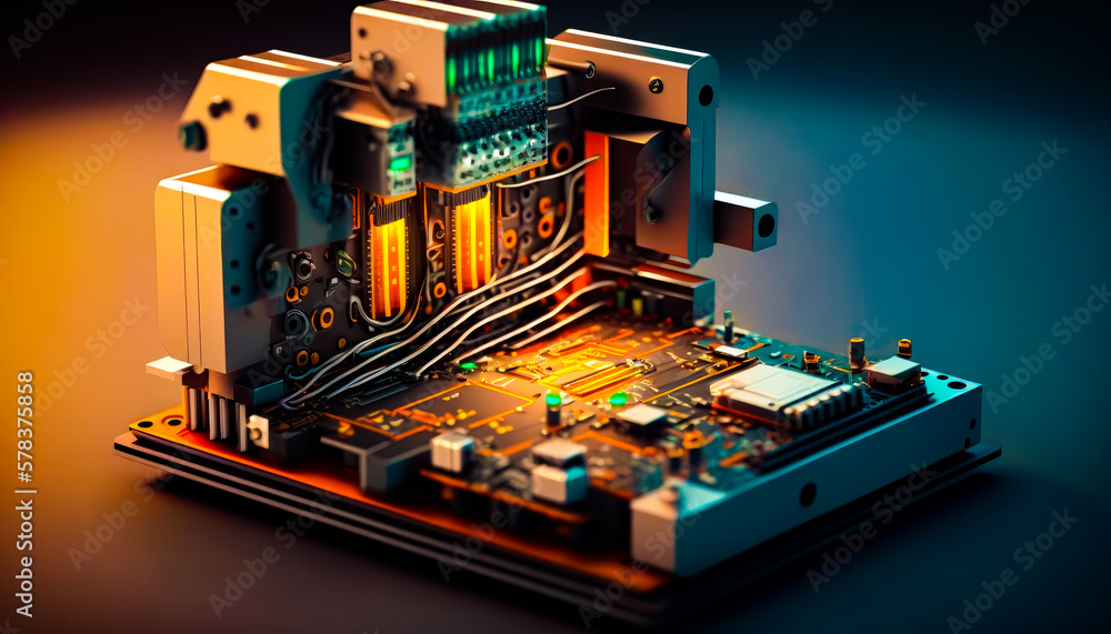 Poster close up of computer motherboard on table. generative ai.