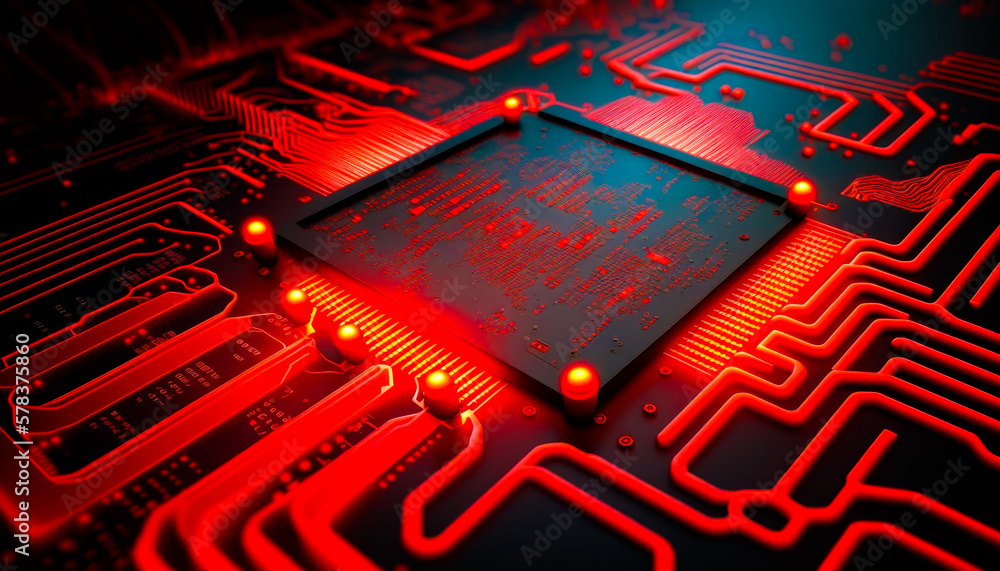 Poster computer circuit board with red and blue lights. generative ai.