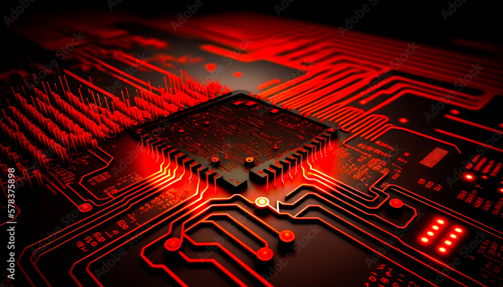 Poster close up of circuit board with red lights. generative ai.