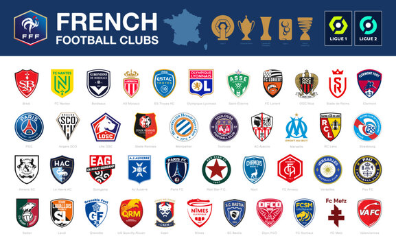 Vector set of 42 French football club's logos including League 1 and League 2	
