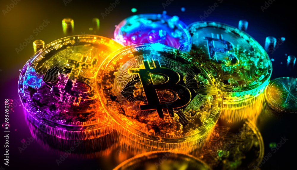 Poster bitcoin on top of pile of coins. generative ai.