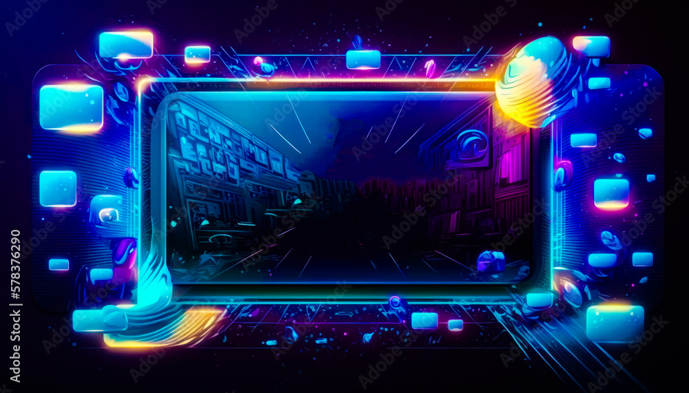 Aufkleber computer screen with neon lights in the background. generative ai.