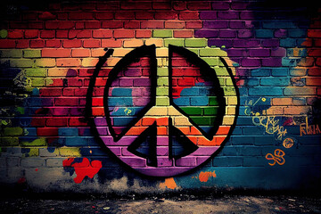 Peace sign. Graffiti on a brick wall. Сolorful wallpaper. Generative AI

