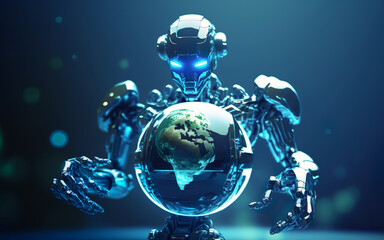 Obraz na płótnie Canvas Robot ai artificial intelligence with earth,world technology security system and business industry concepts.machine learning.ai generated images