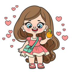 Cute cartoon longhaired girl with apple in hand color variation for coloring page on a white background