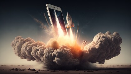 Rocket launch from smartphone. System startup concept. Generative AI.