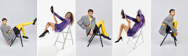 Obraz premium Collage. Young man and woman in bright stylish clothes isolated over grey background. Inner world, psychology