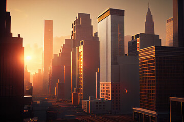 High-rise buildings of a modern city at sunrise.