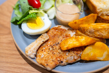 All day breakfast with grilled chicken fillet and vegetable