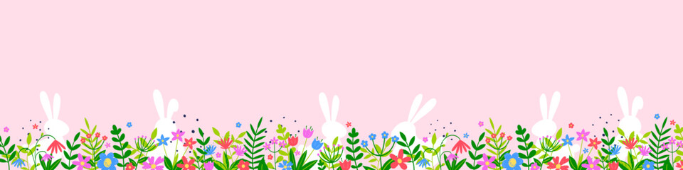 White bunnies and colourful flowers on pink background. Easter design. Panoramic header. Vector illustration