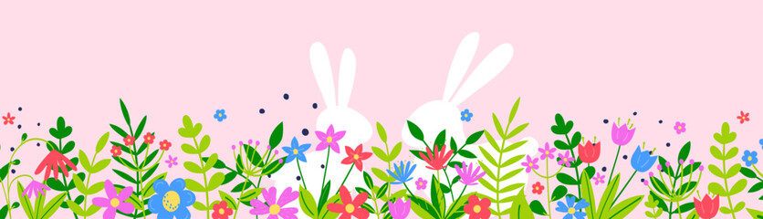 Easter background with bunnies hidden in flower meadow. Panoramic banner. Vector illustration