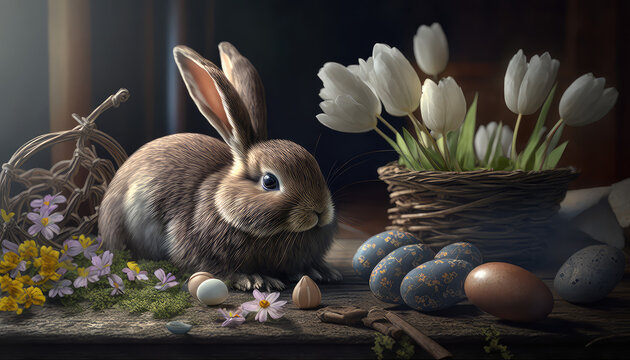 Osterhase mit Ostereiern und verschiedenen Fr&uuml;hlingsblumen (Generative AI)
