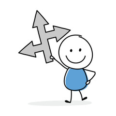 Cartoon stickman holding arrow icon. Funny hand drawn design for business presentation. Vector illustration