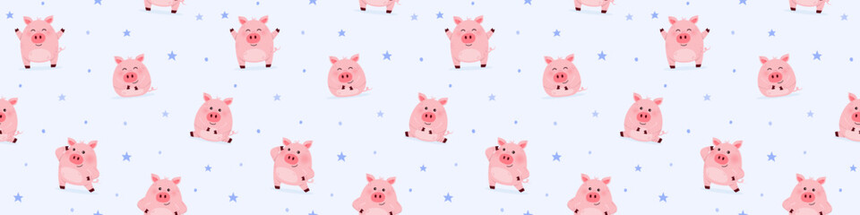 Blue background with cute pigs. Concept of a seamless pattern. Banner. Vector illustration