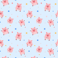 Obraz premium Blue background with cute pigs. Concept of a seamless pattern. Vector illustration