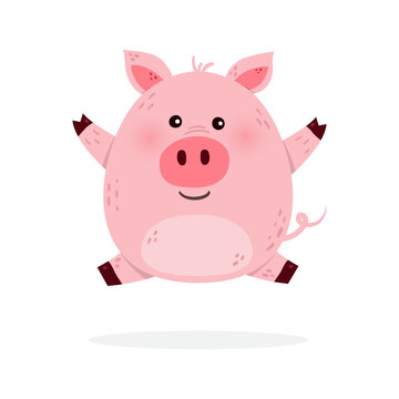 Jumping pig on a white background. Design of a funny animal character. Vector illustration