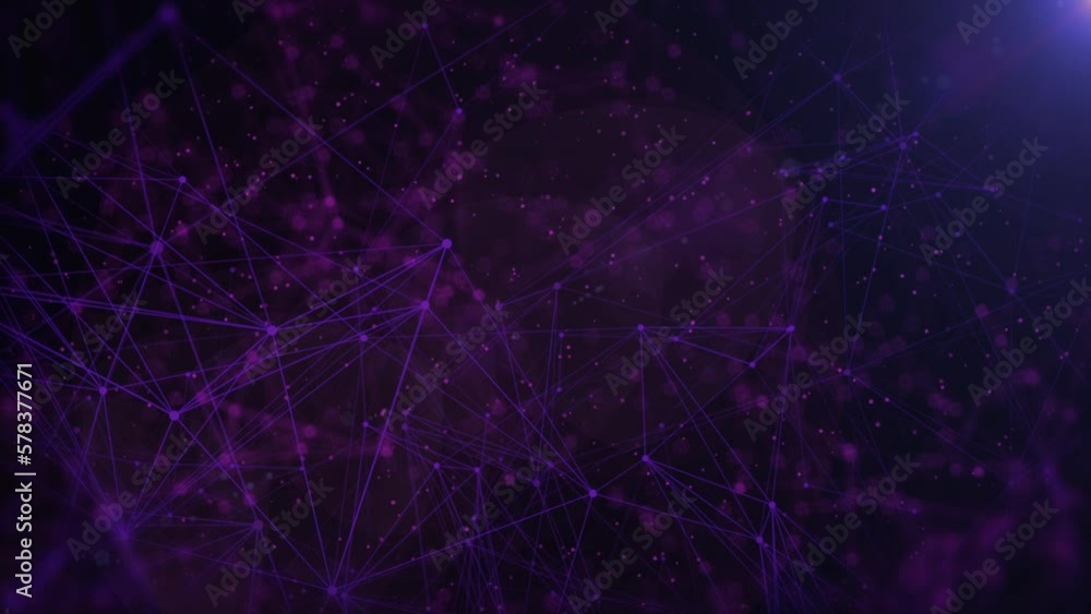 Poster Technology digital purple low poly connection flowing wave with glow lens flare futuristic structure. Big data visualization seamless loop 4K motion background.