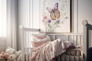 Baby crib pillows and quilt close up, pastel colors room interior. Generative AI