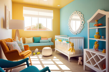 Baby room with a window interior. Baby crib, sofa and chair in pastel colors, Generative AI - obrazy, fototapety, plakaty
