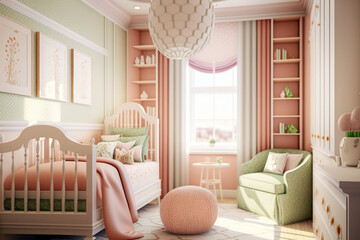 Baby room with a window interior. Baby crib drawers and chair in pastel colors, Generative AI - obrazy, fototapety, plakaty