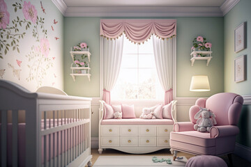 Baby room with a window interior. Baby crib, sofa and chair in pastel colors, Generative AI