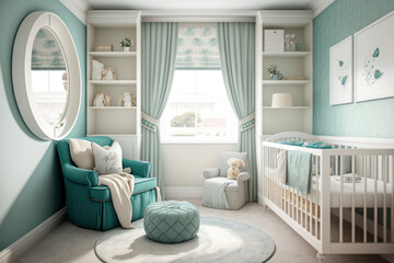 Baby room with a window interior. Baby crib and chair in pastel colors, Generative AI - obrazy, fototapety, plakaty